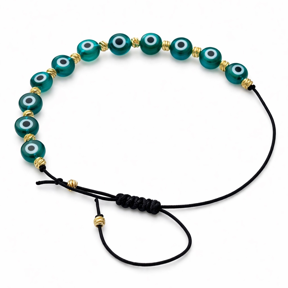 Teal Evil Eye Beaded Bracelet with Gold Accents